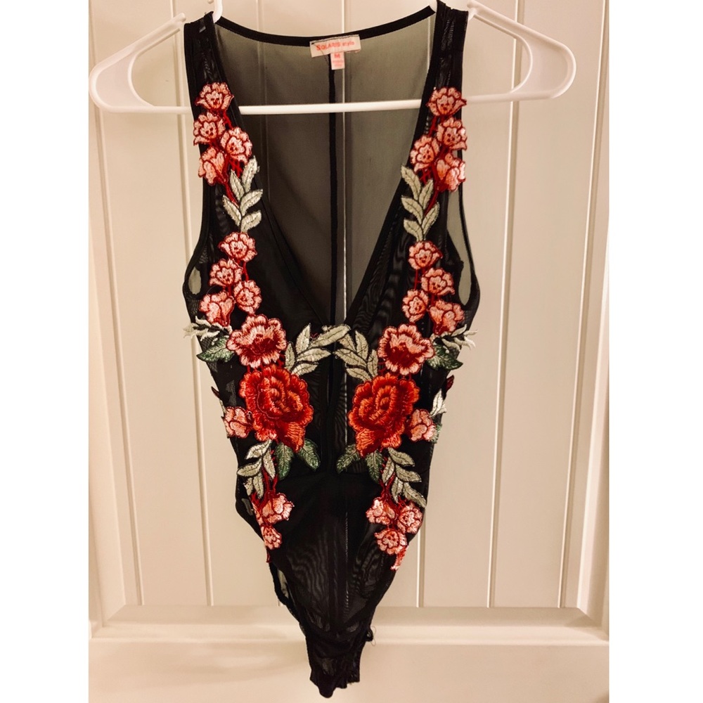 WOMENS BLACK FLORAL SHEAR BODYSUIT